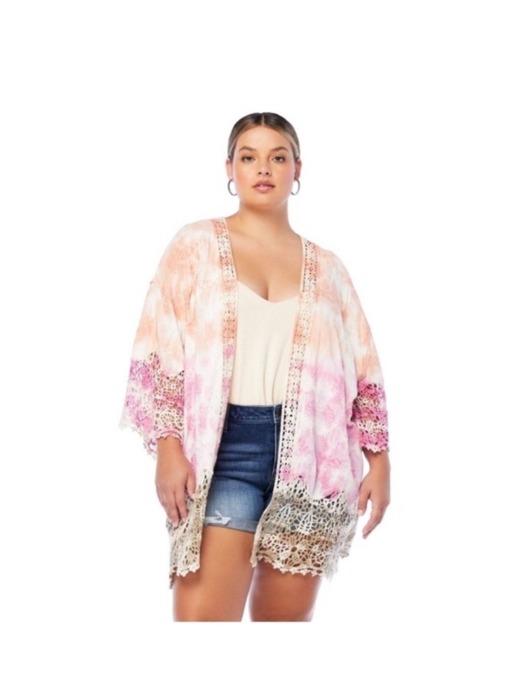 Democracy Tie-Dye Lace Kimono in Pink, Peach & Taupe